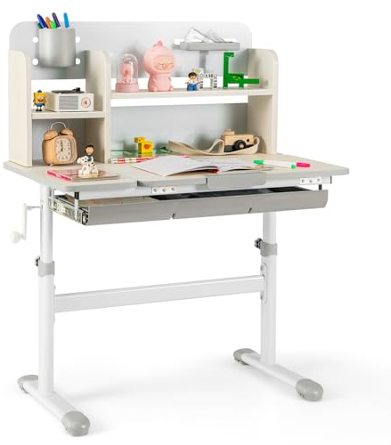 COSTWAY Barnskrivbord, höjdjusterbar, skrivbord barn med lutande bordsskiva, hyllor och lådor, ungdomsskrivbord, skolskrivbord för 3–12 år barn (grå)