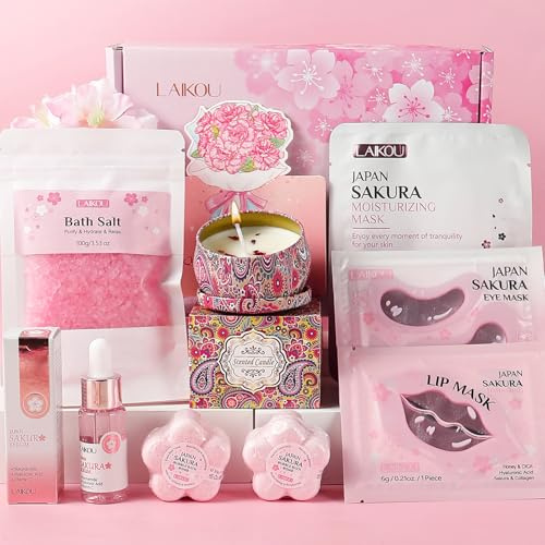 LAIKOU Sakura Set Bombe da Bagno Donna Regalo 8 Pezzi, con Siero Viso + Maschere Idratanti + Candela Profumata + Bombe da Bagno + Sali Bagno, Regalo per Amica, Sorella, Mamma, Moglie
