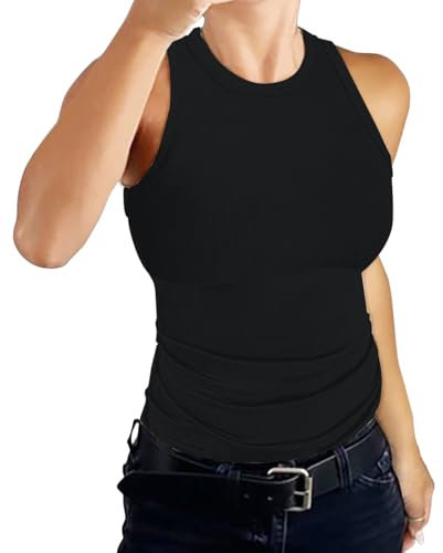 DUOEASE Tank Top Damen Schwarz Rundhals Basic Ärmellose T-Shirts Gerippt Slim Fit Oberteile Damen 2025-Schwarz-M
