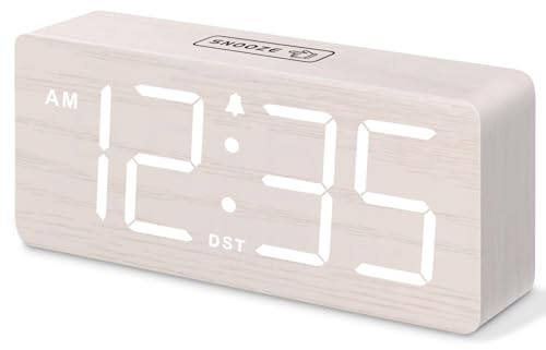 DreamSky Wooden Digital Alarm Clock for Bedroom - Desk Clock for Living Room with Large Numbers, Dimmer, Loud Alarm for Heavy Sleepers with Volume Control, DST, Office Wood Decor (Plug in Clock)