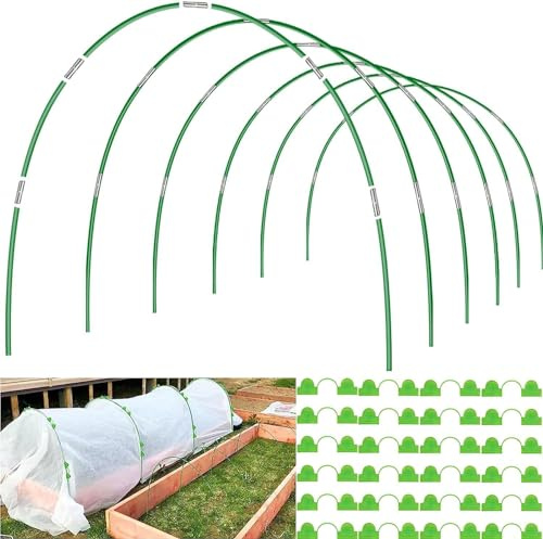 36pcs Garden Hoops for Raised Beds Row Cover, 2.4M Greenhouse Garden Grow Tunnel Netting Hoops, Greenhouse Support Hoops Garden Bed Support Frame, Fiberglass DIY Rods for Outdoor Plant, 24pcs Clips
