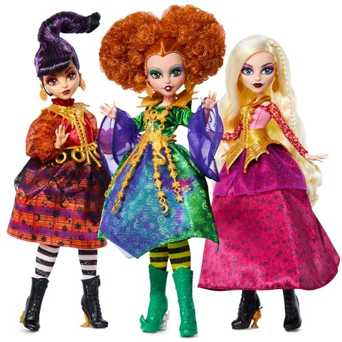 Monster High Skullector Hocus Pocus Dolls - Winifred, Mary, Sarah y Binx Juego Coleccionable con Figuras articuladas, Vestidos de Bruja, Accesorios y Embalaje Listo para exhibir