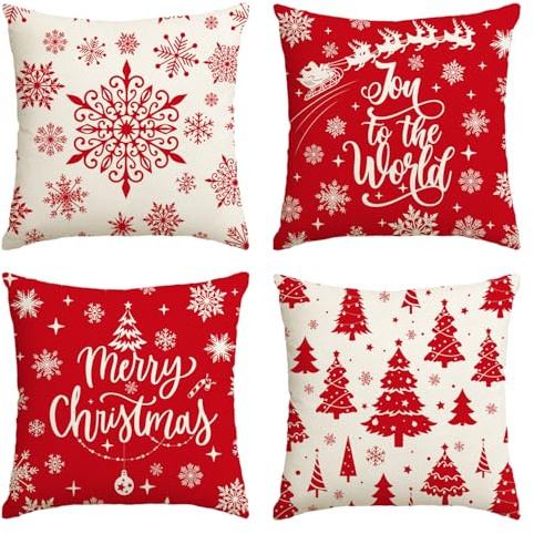 Artoid mode snöflingor träd ren släde jul örngott set om 4, 50 x 50 cm god jul dekorativt kuddfodral kudde skydd soffa dekoration