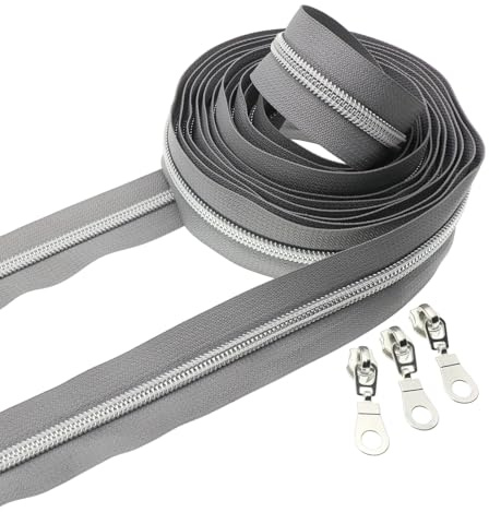 Leekayer #5 Fermetures à éclair en Nylon métallique en Argent en Vrac 4,5 mètres Ruban à Fermeture éclaire Grise avec 10pcs glissières en Argent pour Sac Artisanal Couture Bricolage (Gris)
