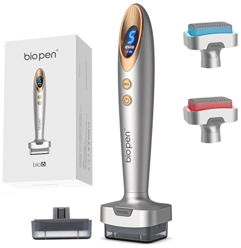 Biopen Derma Stamp 140 stift, Microneedling + vibration + LED-ljus med 2 utbytbara huvuden (0,5 mm) för försvagat hår/skäggtillväxt/ansiktsvård (vitt guld)