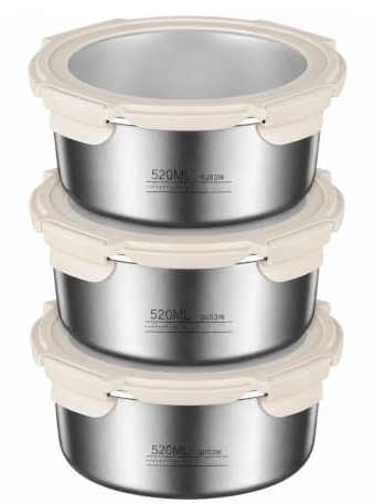 CECOMBINE 3Pack Stainless Steel Food Storage Containers with Lids - Stackable Metal Prep Food Containers, Reusable Round Metal Bento Lunch Box for Kitchen, Office, Bento, Snacks, Pantry (520ml)