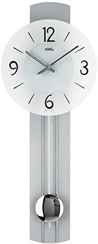AMS 7275 - Reloj de pared con péndulo de cuarzo, pared trasera de madera, lacado plateado