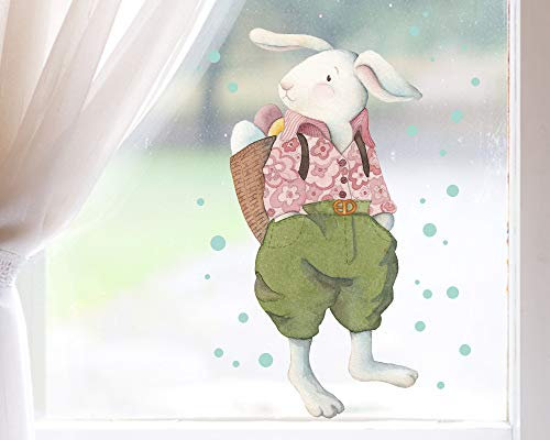 TinyFoxes Fensterbild Osterhase mit Korb - selbstklebend und wiederverwendbar - Fensterbild für Ostern - handgezeichnet von Kristin Franke