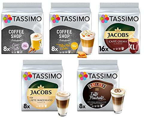 Tassimo Coffee Latte Macchiato Selection- Baileys Latte Macchiato/Toffee-Nut Latte/Jacobs Latte Macchiato Vanilla/Chai Latte/Jacobs Caffe Crema Coffee Pods - 5 Packs (40 Servings)