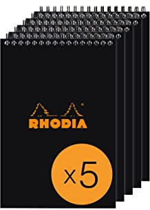 RHODIA 165009Cpack - Bloc-Notes à Spirale (Reliure Intégrale) Noir - A5 - Petits Carreaux - 80 Feuilles Détachables - Papier Clairefontaine 80 g/m² - Couverture en Carte Enduite - Paquet de 5 blocs