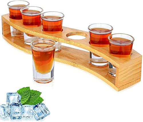 Lot de 6 verres à liqueur de 3 cl avec support et verres à liqueur de 30 ml - Planche de service à 6 trous avec verre transparent - 6 pièces pour liqueur Tequila Whisky Brandy Wodka Rhum Home Party