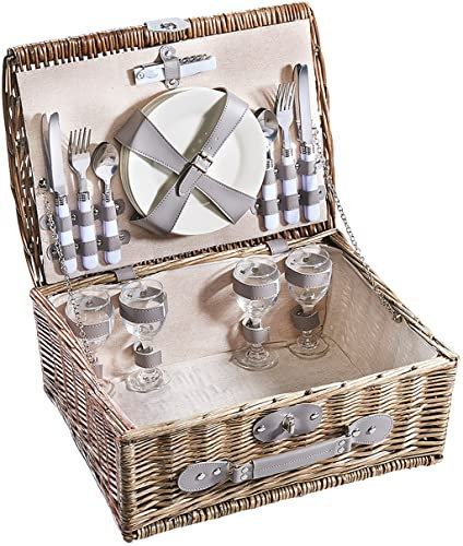Kobolo Picknickkorb Picknickkoffer - Zubehör für 4 Personen - Weide grau - 43x33x18 cm