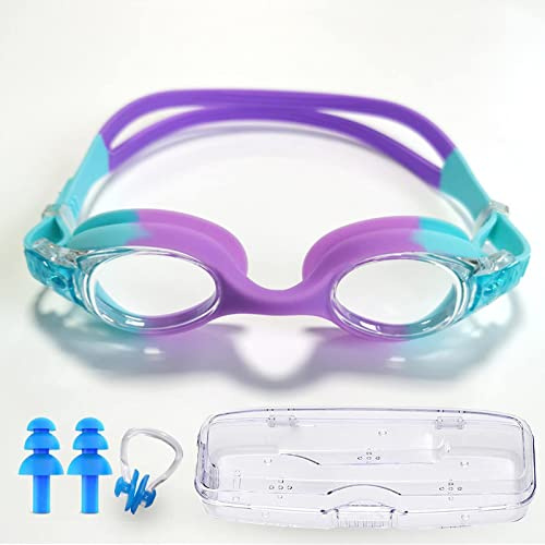 CYCFMYYLY Kids Swimming Goggles, 6-14, Anti-Fog No Leak Proof Uv Resist Girls Boys Food Grade Silicone Comfort with Nose Clip(Age 3-14)Blue Purple
