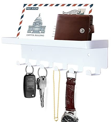 GTK Schlüsselhalter für Wand, Schlüsselhaken mit Tablett und 6 Haken, Wandmontage Schlüsselhalter für Flur, Schlüsselregal mit Ablage für Postaufbewahrung (Weiß)