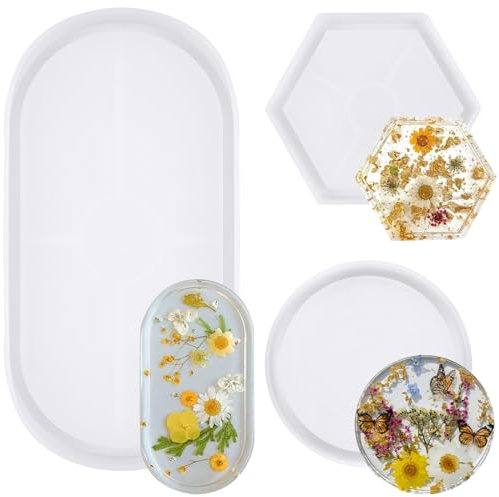 3 Stück Silikonformen Gießformen, Silikonform Ovales Tablett, Silikonform Untersetzer Rund, Silikonformen Epoxidharz, Gießform Tablett, Epoxid Formen für DIY Teetablett Obsttablett Kunsthandwerk