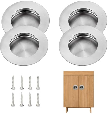 Hzyclzh Poignées Encastrées Rondes en Acier Inoxydable 4 Pièces Poignée Ronde de Porte Coulissante Porte Tiroir Encastré, poignées de porte de placard rondes coulissantes encastrées,pour les Meubles