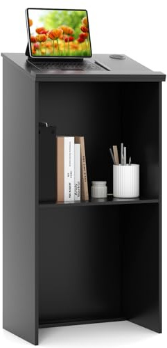 COSTWAY Stehpult, Rednerpult mit Ablagefläche und Kabeldurchführungen, Stehtisch für Klassenzimmer, Kirche, Büro, Restaurant, Seminar (Schwarz)