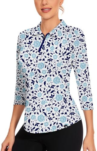 Soneven Golf Polo Shirt Damen 3/4 Ärmel Bluse Zip up Golf Polo Oberteil Langarm Sommer Funktionsshirt Damen Wandershirt Atmungsaktiv Vintage-Druck S