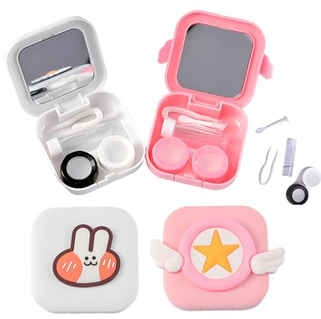 JYJLLM Travel Contact Lens Case with Mirror - Portable 2 Pack Lens Kit with Tweezers & Suction Stick, Mini Holder Box (Pink & White)