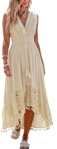 CUPSHE Vestido de verano para mujer, de encaje, cuello en V, sin mangas, cintura ahumada, vestido largo para el tiempo libre, con borlas, para la playa, beige, M