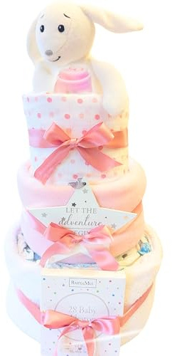 New Baby Girl Gift for New Parents & Newborn Baby Girl Gifts 3 Tier Nappy Cake Pink Organic Bunny Baby Gift Hamper Set
