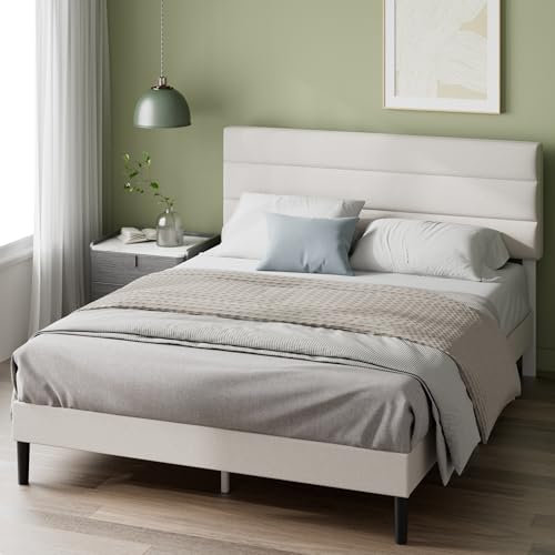 ZINUS Piper King Bed Frame – Bed 150 x 200 cm – 30cm Height – Upholstered platform bed frame with Headboard – Wooden slat support – Off White