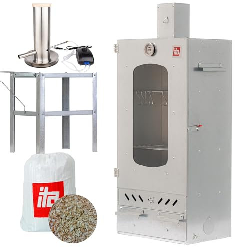 ITA Smoker Oven 7012 Smoker Set with Smoke Generator, Table and Smoking Chips - Smoker Cabinet with 3 Levels - Alloy Steel, with Viewing Window and Chimney Flue - Quality Made in EU Directly from