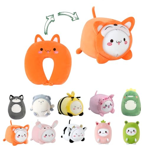 JOYRAVO Almohada de viaje para niños 2 en 1 almohada cervical deformable, almohada suave en forma de U con bonitos peluches, cómodo compañero de dormir y jugar para aviones y viajes (zorro)