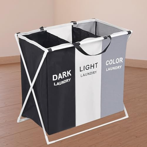 WedDecor 116-Litre Laundry Basket 3 Compartments, Foldable Waterproof Storage Bin, Collapsible & Portable Laundry Hamper for Dirty Clothes, Towel, Blanket, and Toys Organization in Bathroom