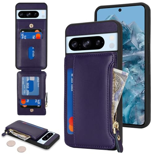 SailorTech för Google Pixel 8 Pro telefonfodral med kreditkortshållare för män, Pixel 8 Pro-fodral med kreditkortsfack, plånbok, blixtlåsfodral för kvinnor – lila
