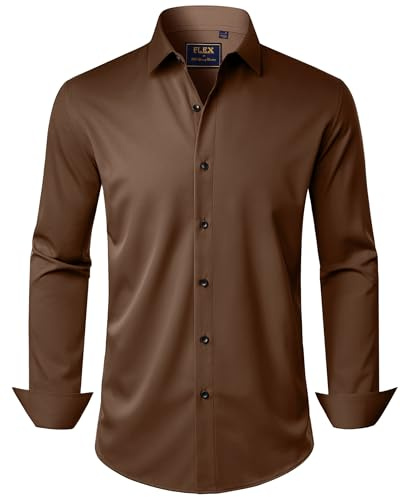 J.VER Camisas de vestir para hombre, elásticas, de manga larga, formal, sólidas, para negocios, casual, con botones, para boda, graduación, Marrón, 3X-Large