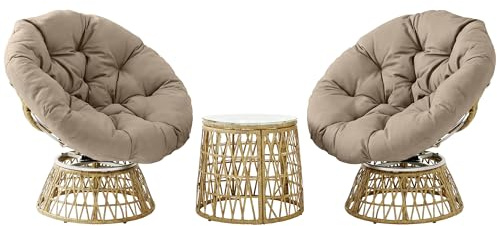 Set di 3 mobili da giardino Outsunny con 2 poltrone girevoli papasan e 1 tavolino rotondo 2 grandi cuscini in resina poliestere intrecciata marrone