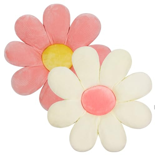 QKURT 2 blomsterkuddar, daisy formad golvstol, mjuk fluffig kronbladskudde, tatamisäte för bil, hem, soffa och stol 40 cm (rosa, vit)