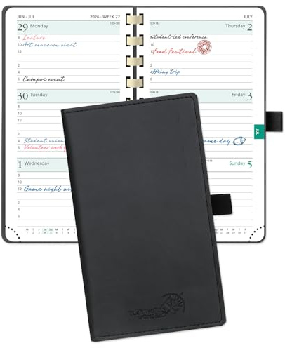 POPRUN 2026 Pocket Planner (Slim Size 3.5'' x 6.5'') Weekly and Monthly Calendar for Purse, with Hourly Time Slots, 100GSM Thick Paper, Spiral Soft Cover, Pen Holder, TJ - Black
