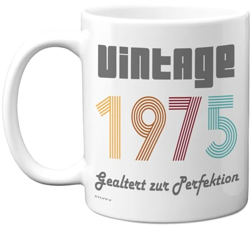 50. Födelsedagspresenter – 'Vintage 1975 åldrad till perfektion' kopp – födelsedag retro mugg för män och kvinnor, 325 ml premium keramikkopp, diskmaskinssäker