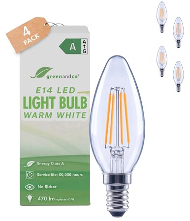 greenandco 4 x LED-glödlampa | klar | E14 C35 | 2.2W 470lm | ersätter 40W | 2700K varmvitt | 320° | 230V | inget flimmer | energiklass A | ej dimbar