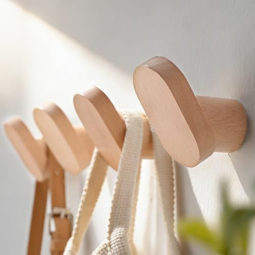 ZUNTO 4 Pezzi Ganci Appendiabiti da Parete, Ganci Portasciugamani da Bagno Decorativi in Legno Naturale con Viti, Ganci da Muro Resistente per Cucina, Bagno