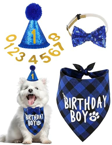 FUGLUS Gorro de Cumpleaños Perro,Juego de 13 Piezas Suministros Cumpleaños Mascotas con 1 Bandana,1 Collar Pajarita,10 Números,Sombrero de Fiesta para Perros Pequeños Medianos Grandes Decoración Azul