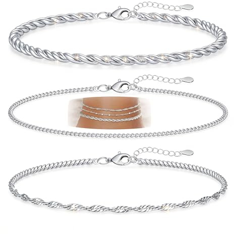 QttvbTna 1 tobillera para mujer, cadena de tobillo bohemia de triple capa con cuentas chapadas en plata y dije de corazón, joyería ajustable para pies para playa y uso diario