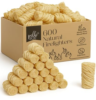 Pelle & Sol 600 Natural Firelighters – Long Burning Fire Lighters for Wood Burners, BBQ Lighter, Pizza Ovens, Open Fires – Quick Light Fire Starter, Log Burner Accessories - Eco Firelighters