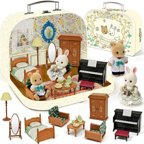 Maison de Poupées Valise Meubles Accessoires DIY Miniature avec 2 Poupées Articulées Piano Mobilier de Chambre Cadeau Jouet pour Enfants Filles Garçons dès 3 Ans