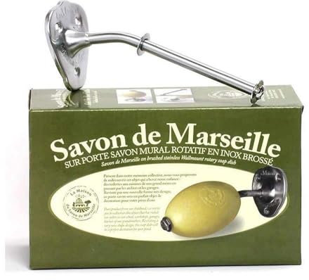 Seifenhalter zur Wandmontage, drehbar, französischer Seifenhalter, gebürsteter matter Edelstahl, mit Zitronenseife Savon de Marseille, 270 g