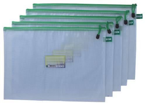 EXXO by HFP 34113 Kleinkrambeutel Mesh Bag Zipper-Beutel A3 mit Visitenkartentasche ZIPPER, 5 Stück mit grünem Reißverschluss Weiß Milky