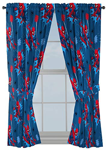 Jay Franco Kids Window Drapes - 4 Piece Curtain Set Includes 2 Tiebacks, Beautiful Bedding Room Décor and Easy Set Up, Blue - Spiderman, 63 Inch