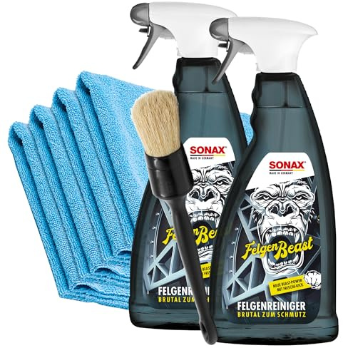detailmate SONAX FälgBeast 1L Set Deluxe: 2X fälgrengörare med arbetsindikator för skonsam fälgrengöring ValetPRO rengöringspensel 4 mikrofiberhanddukar 320 GSM