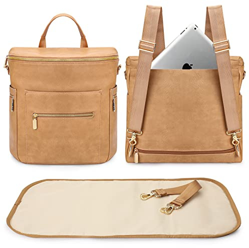 miss fong Diaper Bag Backpack Baby Diaper Bag, Large Leather Diaper Backpack with 16 Pockets Travel Diaper Bag with Diaper Changing Pad, Pañaleras Para Bebe for Moms(Convertible, Peanut)