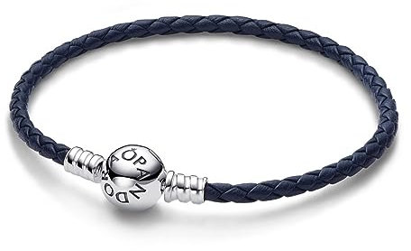 PANDORA Moments Blaues Geflochtenes Lederarmband mit Kugelverschluss aus Sterling Silber, Kompatibel Moments, Größe: 19 cm, 592790C01-S2