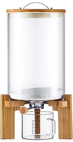 Tioncy 8L Flour and Cereal Glass Container Rice Oatmeal Dispenser Storage Container Cereal Food Storge Container with Airtight Lid Wooden Stand and Measuring Cup for Kitchen Organization Pantry Store