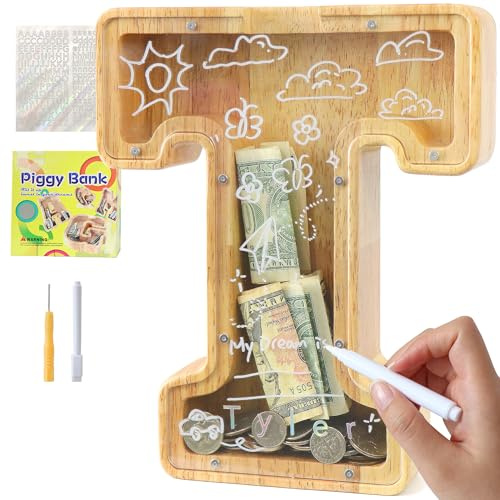 weallbuy Large Letter Piggy Bank for Kids Boys Girls Wooden Personalized Piggy Banks A-Z with Target Area Clear Alphabet Banknote Coin Banks for Gift Decoration Baptism (T)