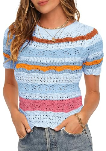 Saodimallsu Maglietta da donna a righe a maniche corte con blocco di colore, maglione estivo da donna, leggero, casual, Azzurro, S